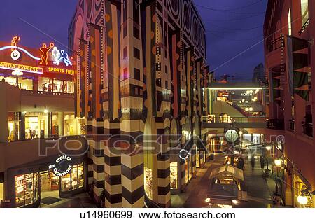 shopping mall, San Diego, California, CA, Westfield Shoppingtown Horton Plaza an open-air, multi-level complex in downtown San Diego in the evening. View Large Photo Image Stock Photo - shopping mall, San Diego, California, CA, Westfield Shoppingtown Horton Plaza an open-air, multi-level complex in downtown San Diego in the evening.. Fotosearch
