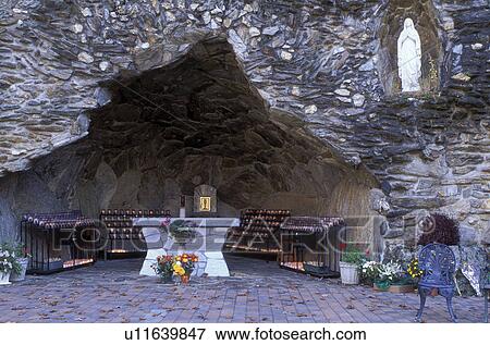 Stock Photo -  shrine, pilgrimage, Litchfield, Connecticut, CT, Litchfield Hills, Housatonic Valley Region, Lourdes of Litchfield in the autumn. Our Lady of Lourdes.. Fotosearch