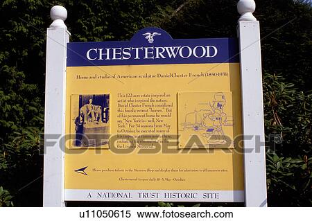 Stock Photography -  sign, Stockbridge, Massachusetts, The Berkshires, Chesterwood, home of sculptor Daniel Chester French, A National Trust Historic Site in Stockbridge in the spring.. Fotosearch