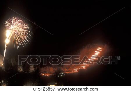 ski resort, Stowe, fireworks, torch light, winter, snow, Vermont, Firework display and Torch Light Parade at Stowe Mountain Resort in Stowe in Lamoille County in the state of Vermont. View Large Photo Image Stock Photo - ski resort, Stowe, fireworks, torch light, winter, snow, Vermont, Firework display and Torch Light Parade at Stowe Mountain Resort in Stowe in Lamoille County in the state of Vermont. . Fotosearch