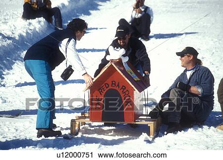 Stock Image -  skiing, contest, winter, Stowe, VT, Vermont, Participants (Snoopy and the Red Baron) in the Dummy Big Air Contest at the Stowe Winter Carnival at Stowe Mountain Resort in winter.. Fotosearch