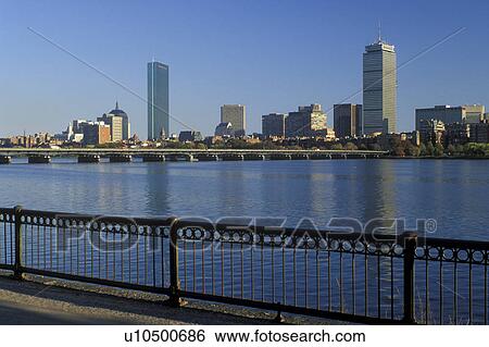 Stock Photograph -  skyline, Boston, Massachusetts, MA, Downtown skyline of Boston along the Charles River in the fall.. Fotosearch