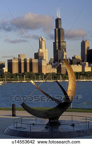 skyline, Chicago, Illinois, IL, Lake Michigan, Downtown skyline of Chicago and Chicago Harbor on Lake Michigan from Adler Planetarium. Sundial in foreground. View Large Photo Image Stock Image - skyline, Chicago, Illinois, IL, Lake Michigan, Downtown skyline of Chicago and Chicago Harbor on Lake Michigan from Adler Planetarium. Sundial in foreground.. Fotosearch