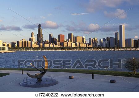 Stock Image -  skyline, Chicago, Illinois, IL, Lake Michigan, Downtown skyline of Chicago and Chicago Harbor on Lake Michigan from Adler Planetarium.. Fotosearch