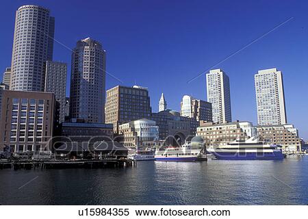 Stock Photography -  skyline, inner harbor, Boston, Massachusetts, MA, Downtown skyline of Boston from Boston Inner Harbor in the autumn.. Fotosearch