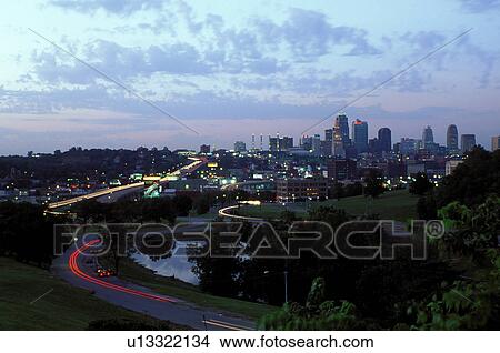 Picture -  skyline, Kansas City, MO, Missouri, View of the downtown skyline of Kansas City in the evening.. Fotosearch