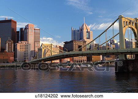 Stock Image -  skyline, PA, Pittsburgh, bridge, Pennsylvania, downtown skyline of Pittsburgh, 7th Street Bridge, Allegheny River.. Fotosearch