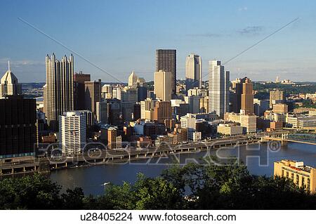 Picture -  skyline, PA, Pittsburgh, Pennsylvania, Aerial view of the downtown skyline of Pittsburgh along the Monongahela River.. Fotosearch