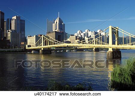 Stock Photo -  skyline, Pittsburgh, bridge, PA, Pennsylvania, Downtown skyline of Pittsburgh, 7th Street Bridge, Allegheny River.. Fotosearch