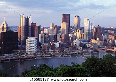 skyline, Pittsburgh, PA, aerial, Pennsylvania, View of the downtown skyline of Pittsburgh along the Monongahela River. View Large Photo Image Stock Photo - skyline, Pittsburgh, PA, aerial, Pennsylvania, View of the downtown skyline of Pittsburgh along the Monongahela River.. Fotosearch