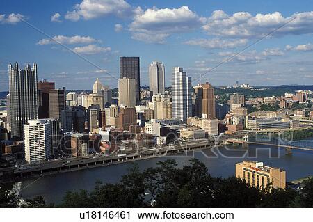 Stock Image -  skyline, Pittsburgh, PA, Pennsylvania, Aerial view of the downtown skyline of Pittsburgh along the Monongahela River.. Fotosearch
