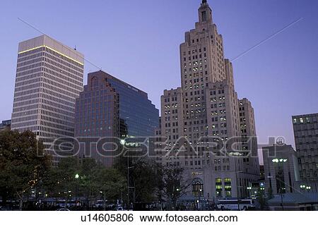Stock Photograph -  skyline, Providence, Rhode Island, RI, Downtown skyline of Providence in the evening.. Fotosearch