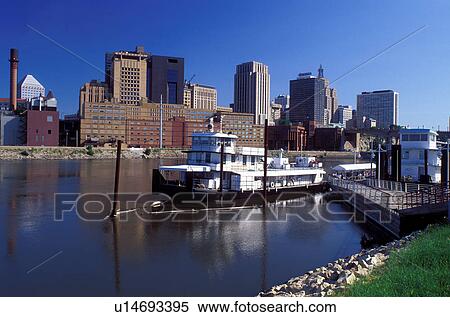 skyline, St. Paul, MN, Minnesota, Twin Cities, Mississippi River, Downtown skyline of Saint Paul along the Mississippi River. River cruise paddlewheel boat in foreground. View Large Photo Image Stock Photography - skyline, St. Paul, MN, Minnesota, Twin Cities, Mississippi River, Downtown skyline of Saint Paul along the Mississippi River. River cruise paddlewheel boat in foreground.. Fotosearch