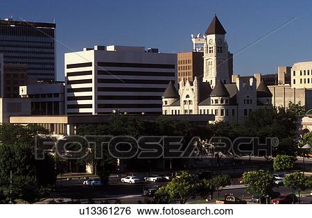 Stock Photograph -  skyline, Wichita, KS, Kansas, View of downtown skyline of Wichita and Old City Hall.. Fotosearch