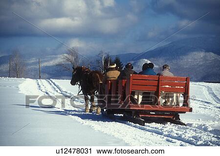 Stock Image -  sleigh ride, Stowe, Vermont, VT, A team of horses pulls a red open sleigh through the snow covered field at Trapp Family Lodge in Stowe.. Fotosearch