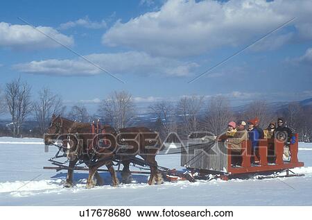 sleigh ride, Stowe, Vermont, VT, A team of horses pulls a red open sleigh full of people through the snow covered field at Trapp Family Lodge in Stowe. View Large Photo Image Stock Image - sleigh ride, Stowe, Vermont, VT, A team of horses pulls a red open sleigh full of people through the snow covered field at Trapp Family Lodge in Stowe.. Fotosearch