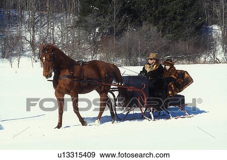 Stock Photo -  sleigh ride, Vermont, VT, Couple in one horse open sleigh competition at the Sleigh Rally at Mad River Valley Winter Carnival at Lareau Farm in Waitsfield. . Fotosearch