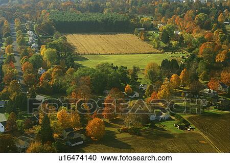 Stock Image -  South Deerfield, MA, Massachusetts, The Connecticut River Valley, Aerial view of South Deerfield from Mt. Sugarloaf in the autumn.. Fotosearch