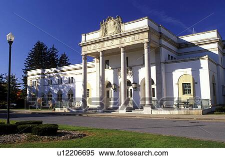 Stock Photography -  spa, mineral springs, Saratoga Springs, New York, NY, Lincoln Baths at Saratoga Spa State Park in Saratoga Springs in the autumn.. Fotosearch