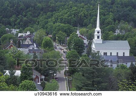 Stock Photograph -  spring, Stowe, VT, Vermont, Aerial view of the scenic village of Stowe in the spring. . Fotosearch
