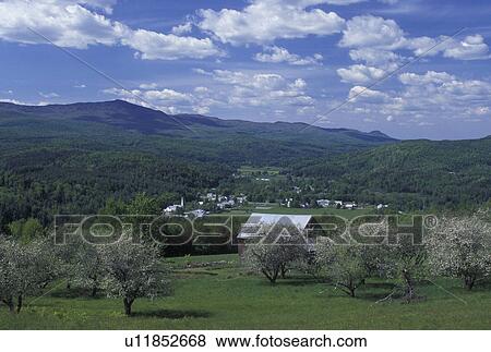 Stock Photo -  spring, Worcester, VT, Vermont, Scenic view of the village of Worcester and the Worcester Mountain Range in the spring.. Fotosearch