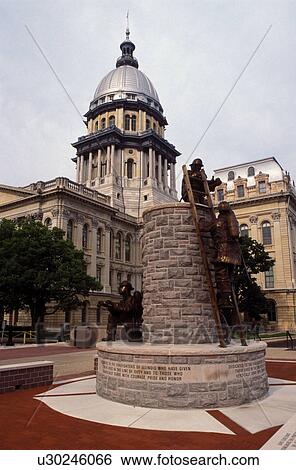 Stock Photograph -  Springfield, capitol, State Capitol, Statehouse, IL, Illinois, Firefighter Memorial at The Illinois State Capitol building in the capital city of Springfield, Illinois. . Fotosearch
