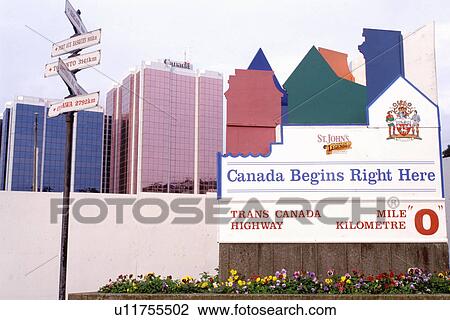 Stock Image -  St. John's, Trans Canada Highway, Newfoundland, NF, Canada, Mile 0 of the Trans Canada Highway in St. John's. Canada Begins Here.. Fotosearch