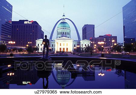 St. Louis, MO, Missouri, Reflection of the Old Courthouse and Gateway Arch in the pond at Kiener Plaza in downtown St. Louis in the evening. Jefferson National Expansion Memorial. View Large Photo Image Stock Photography - St. Louis, MO, Missouri, Reflection of the Old Courthouse and Gateway Arch in the pond at Kiener Plaza in downtown St. Louis in the evening. Jefferson National Expansion Memorial.. Fotosearch