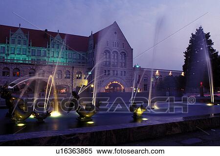 Stock Photography -  St. Louis, MO, Missouri, View of Union Station and Milles Fountain from Aloe Plaza at night in downtown Saint Louis.. Fotosearch