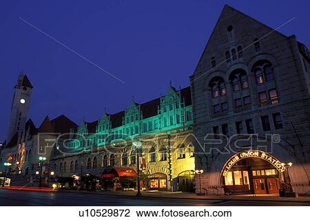 Stock Image -  St. Louis, Union Station, MO, Missouri, Union Station illuminated at night in downtown Saint Louis.. Fotosearch