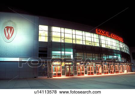 Stock Photo -  stadium, college, university, Madison, WI, Wisconsin, Kohl Center Arena in the evening on the University of Wisconsin campus in Madison.. Fotosearch