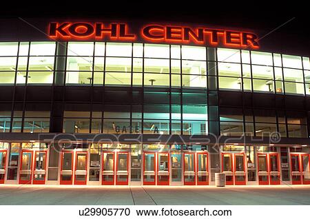 Stock Image -  stadium, university, Madison, WI, Wisconsin, Kohl Center Arena in the evening on the University of Wisconsin campus in Madison.. Fotosearch