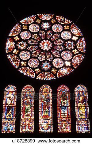 Stock Photo -  stained glass window, France, Orleans, cathedral, Loire Valley, Loire Castle Region, Loiret, Centre, Europe, Stained-glass window inside the 13th century Cathedrale Sainte-Croix.. Fotosearch