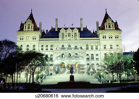 Stock Photograph -  State Capitol, Albany, capitol, Statehouse, New York, The State Capitol is illuminated at night in Albany, New York. . Fotosearch