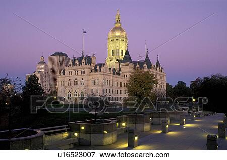 Stock Photo -  State Capitol, Hartford, State House, Connecticut, CT, The State Capitol of Connecticut is illuminated at night on Capitol Hill in the Capital City of Hartford.. Fotosearch