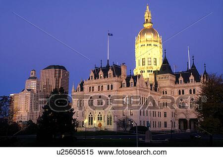 Stock Photography -  State Capitol, Hartford, State House, Connecticut, CT, The State Capitol of Connecticut is illuminated at night on Capitol Hill in the Capital City of Hartford.. Fotosearch