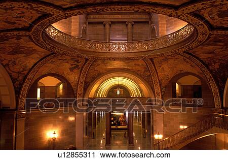 Stock Image -  State Capitol, Jefferson City, MO, Statehouse, Missouri, Interior view of the Rotunda decorated with murals in the State Capitol building in Jefferson City.. Fotosearch