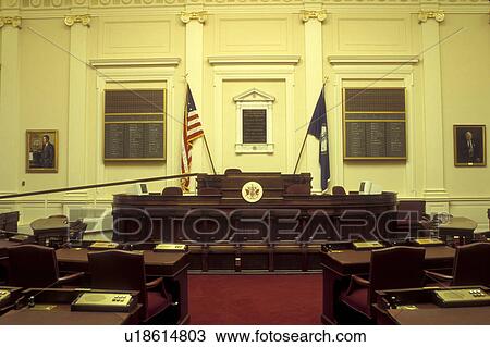 Stock Image -  State Capitol, Richmond, State House, VA, Virginia, The Senate Chamber inside the Virginia State Capitol in the capital city of Richmond.. Fotosearch