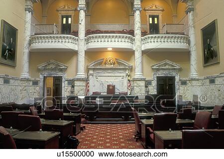 Stock Image -  State House, State Capitol, Annapolis, MD, Maryland, The New Senate Chamber inside the Maryland State House in the capital city of Annapolis.. Fotosearch