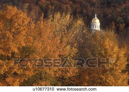 Stock Image -  State House, State Capitol, fall, Montpelier, VT, Vermont, The dome of the State House in Montpelier is surrounded by colorful foliage in the autumn.. Fotosearch