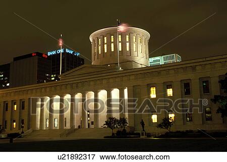 Stock Photo -  Statehouse, capitol, State Capitol, Columbus, OH, Ohio, Statehouse, a Greek Revival building, in the evening in downtown Columbus.. Fotosearch
