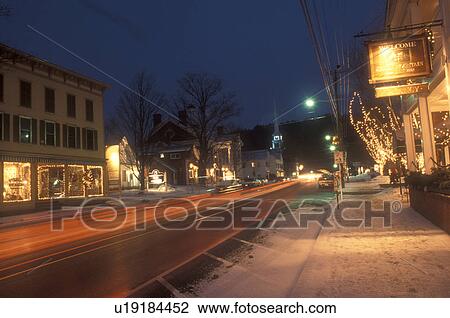 Stowe, downtown, village, evening, ski resort, snow, holiday, decorations, Christmas, winter, Vermont, Shops along Main Street are decorated for the Christmas holiday season in the village of Stowe at night in Lamoille County in the state of Vermont. View Large Photo Image Stock Image - Stowe, downtown, village, evening, ski resort, snow, holiday, decorations, Christmas, winter, Vermont, Shops along Main Street are decorated for the Christmas holiday season in the village of Stowe at night in Lamoille County in the state of Vermont. . Fotosearch