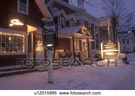 Stowe, ski resort, evening, village, snow, holiday, decorations, Christmas, winter, Vermont, The Visitor Center in the village of Stowe is decorated for the Christmas holiday season at night in Lamoille County in the state of Vermont. View Large Photo Image Stock Photography - Stowe, ski resort, evening, village, snow, holiday, decorations, Christmas, winter, Vermont, The Visitor Center in the village of Stowe is decorated for the Christmas holiday season at night in Lamoille County in the state of Vermont. . Fotosearch