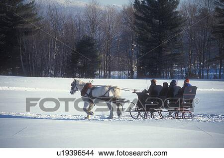 Stowe, sleigh ride, one horse open sleigh, Vermont, VT, People enjoying a sleigh ride at Charlie Horse Sleigh Rides in Stowe in winter. View Large Photo Image Picture - Stowe, sleigh ride, one horse open sleigh, Vermont, VT, People enjoying a sleigh ride at Charlie Horse Sleigh Rides in Stowe in winter. . Fotosearch