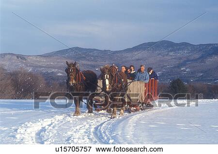 Stowe, sleigh ride, Vermont, VT, A team of horses pulls a red open sleigh full of people through the snow covered field at Trapp Family Lodge in Stowe. View Large Photo Image Stock Photo - Stowe, sleigh ride, Vermont, VT, A team of horses pulls a red open sleigh full of people through the snow covered field at Trapp Family Lodge in Stowe.. Fotosearch