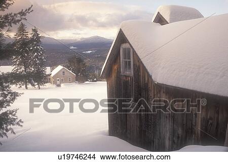 Picture -  sugarhouse, winter, Worcester, Vermont, VT, Snow-covered sugar shack in the winter in Worcester.. Fotosearch