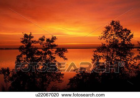 Stock Image -  sunrise, sunset, SD, South Dakota, Watertown, Orange sky over Lake Pelican at sunrise in Watertown.. Fotosearch