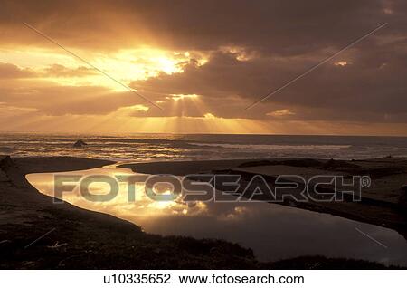 Stock Image -  sunset, ocean, California, CA, Scenic view of the Pacific Ocean at sunset along Highway 1 in California.. Fotosearch