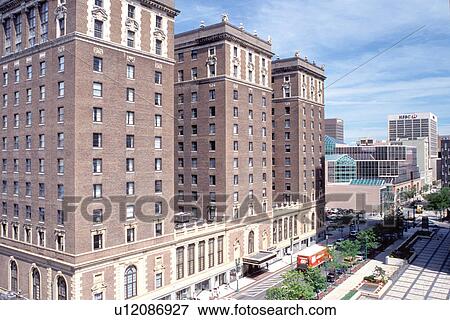 Stock Photo -  Syracuse, NY, New York, Aerial view of The Hotel Syracuse a Radisson Plaza Hotel in downtown Syracuse.. Fotosearch
