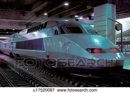 Stock Photo -  TGV, train, Paris, France, Europe, TGV high-speed train at the Gare Montparnasse train station.. Fotosearch